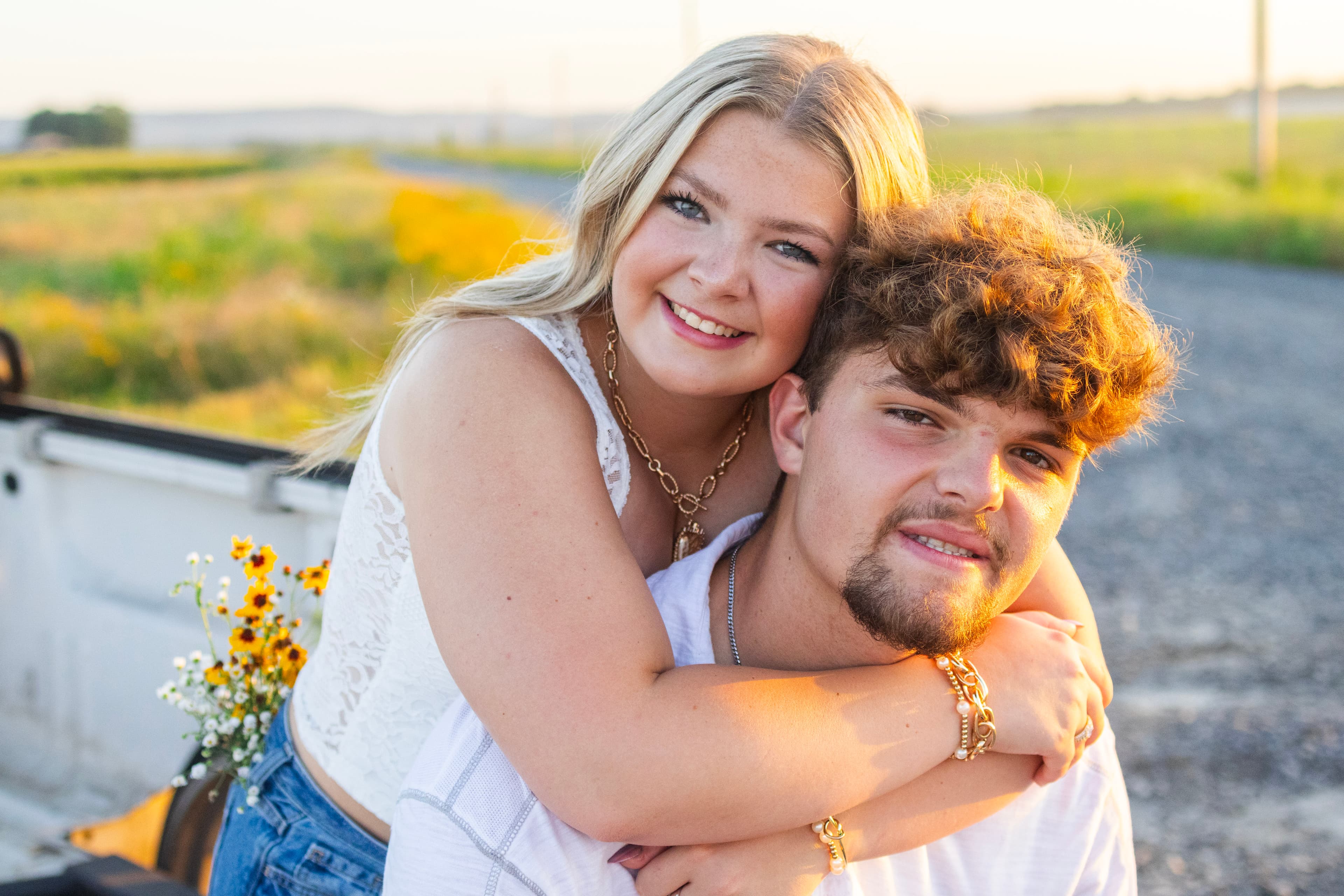 Couple embracing in warm outdoor light